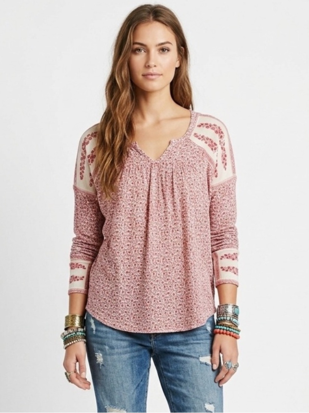 Lucky Brand Red and Cream Floral Patterned Blouse